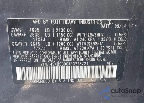 2015 Subaru Outback 2.5I Premium из США, поврежденный, VIN 4S4BSBDC4F3228721